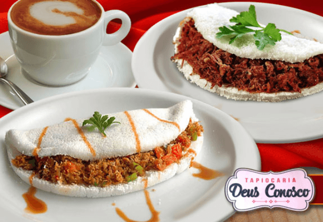 Tapiocaria Deus Conosco - Tapioca Recheada + Café ou Chocolate quente ou frio, por R$14,99!