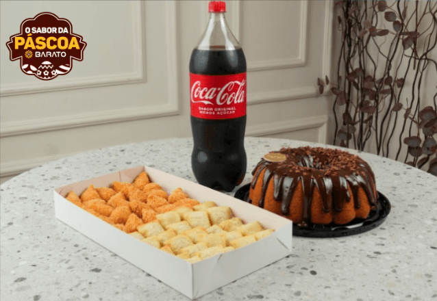 Pedaços de Sabor - 01 Bolo Amanteigado Grande+50 Salgados Fritos +1 Coca 2L, por R$116,90